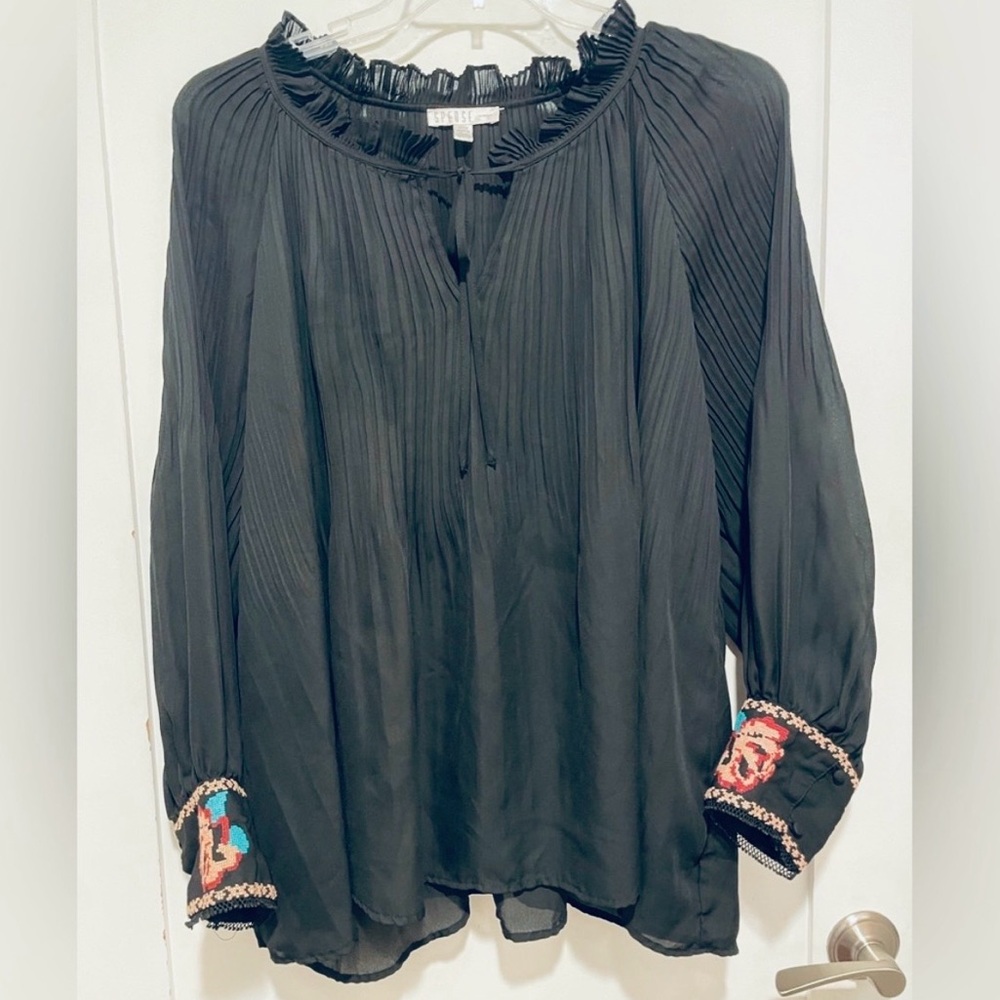 Sheer Pleated Chiffon Black Long Sleeve Blouse. Hand Embroidered. France